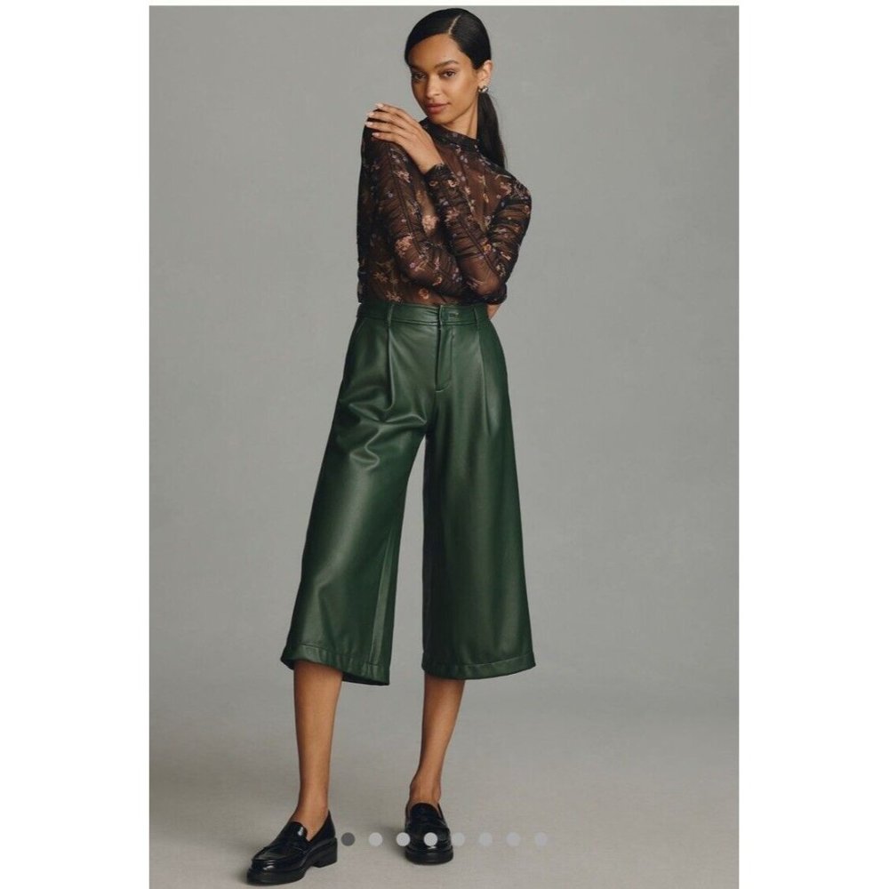 Anthropologie Pants Size 4 Coulottes Faux Leather Wide Leg Dark Green Cropped